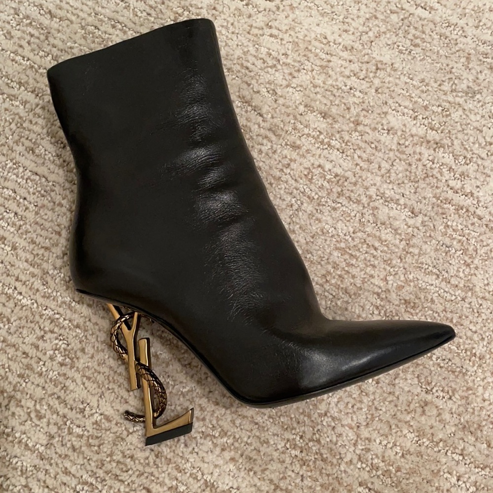 Black Leather Ankle Boot with Decorative Gold Heel